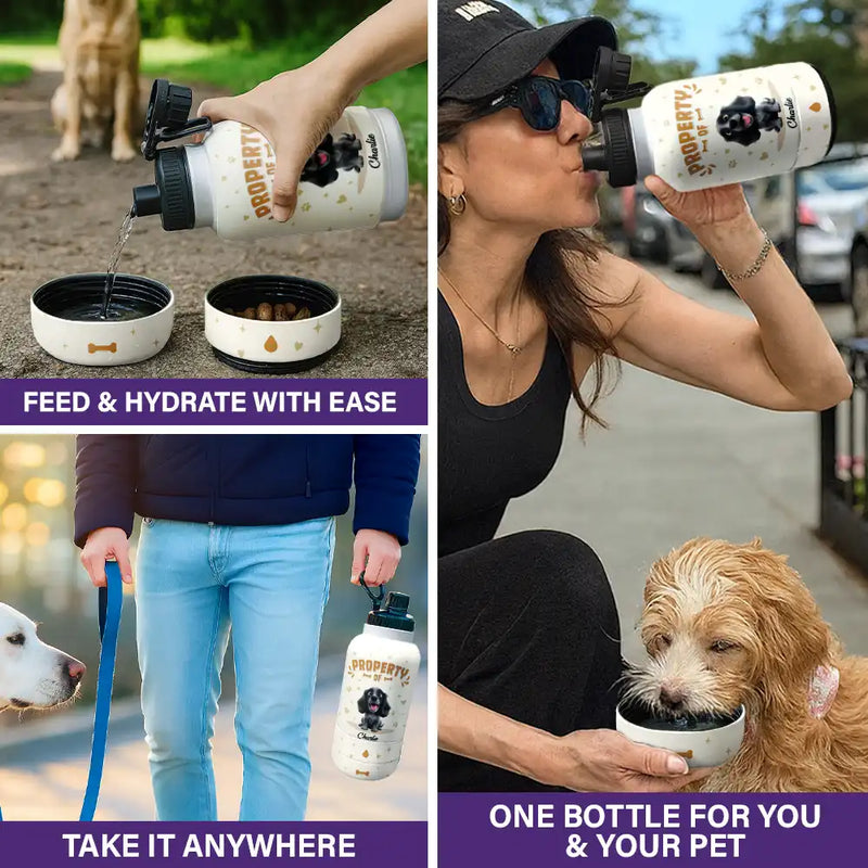 Dog Lovers,Dog Mom,Dog Dad - Property of Adorable Dogs - Personalized 30oz Pet Water Bottle With Bowl