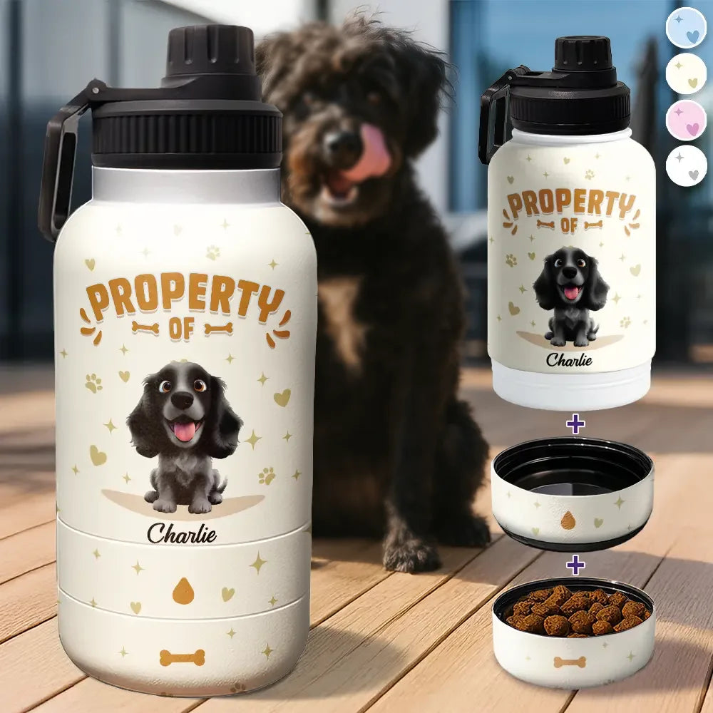 Property Of Adorable Dogs - Personalized 30oz Pet Water Bottle With Bowl