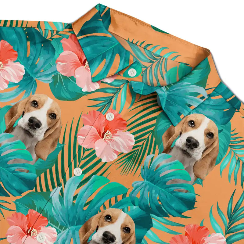Custom Photo Pet Faces With Tropical Leaves - Fun Family Style - Personalized Hawaiian Shirt