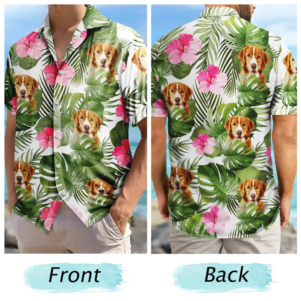 Custom Photo Pet Faces With Tropical Leaves - Fun Family Style - Personalized Hawaiian Shirt
