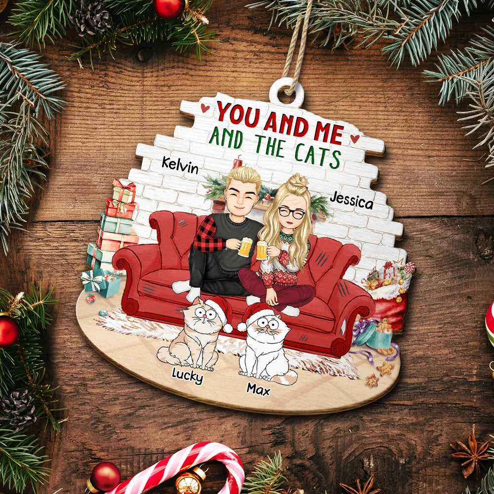 Couple You And Me And The Cats - Personalized Custom Shaped Wooden Ornament