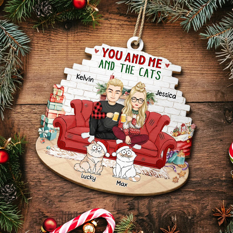 Couple You And Me And The Cats - Personalized Custom Shaped Wooden Ornament