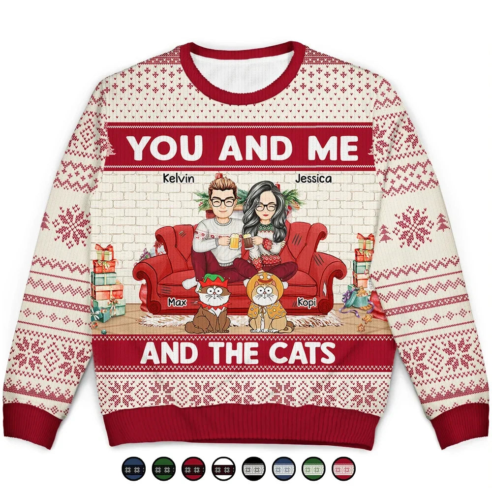 You And Me And The Cats - Personalized Unisex Ugly Sweater