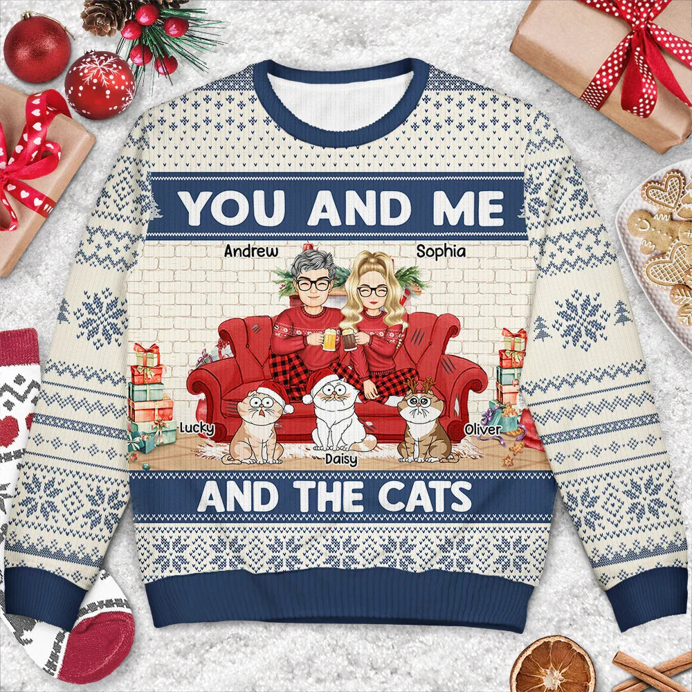 You And Me And The Cats - Personalized Unisex Ugly Sweater