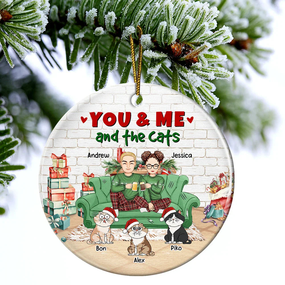 Christmas You And Me And The Cats - Personalized Circle Ceramic Ornament