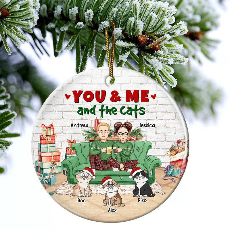 Christmas You And Me And The Cats - Personalized Circle Ceramic Ornament