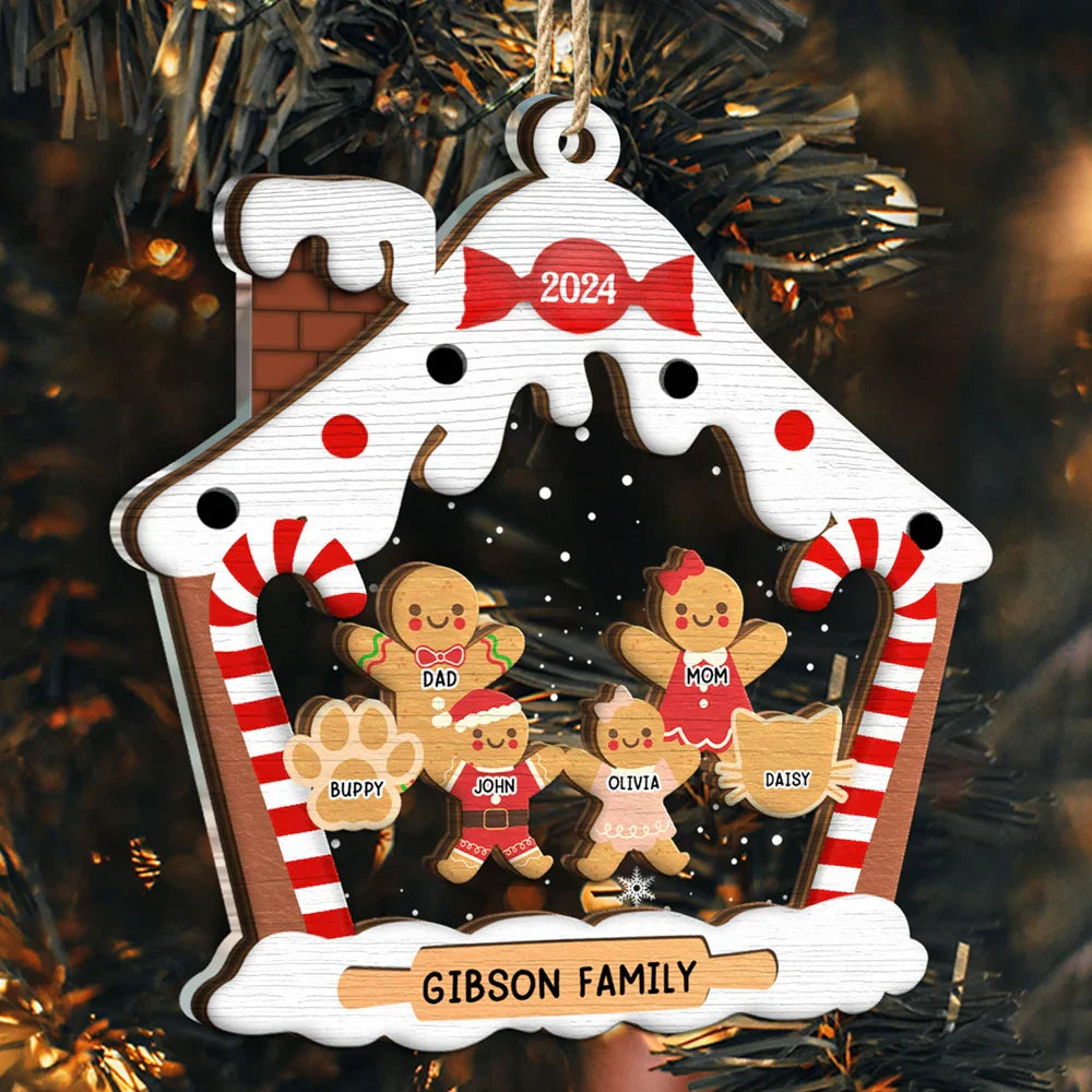 Gingerbread House Family With Pets Xmas - Personalized 2-Layered Mix Ornament