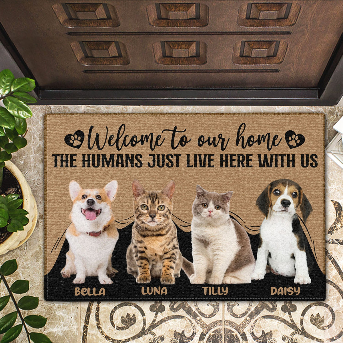 Custom Photo The Humans Just Live Here With Us Dog Cat Lovers - Personalized Custom Doormat