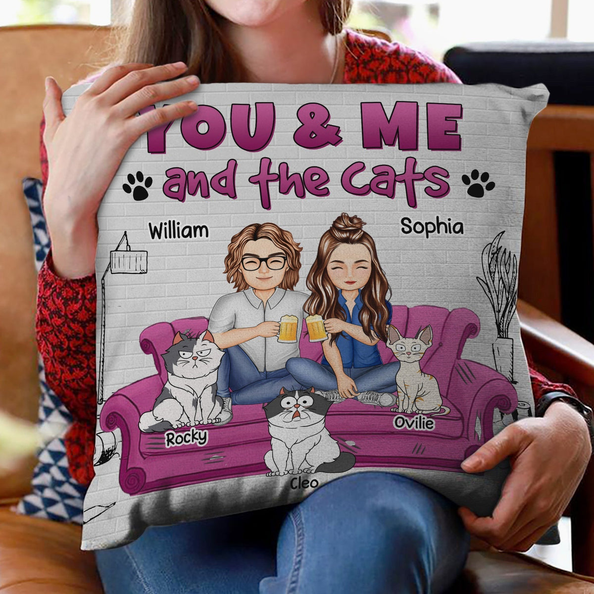 You And Me And The Cats - Personalized Pillow
