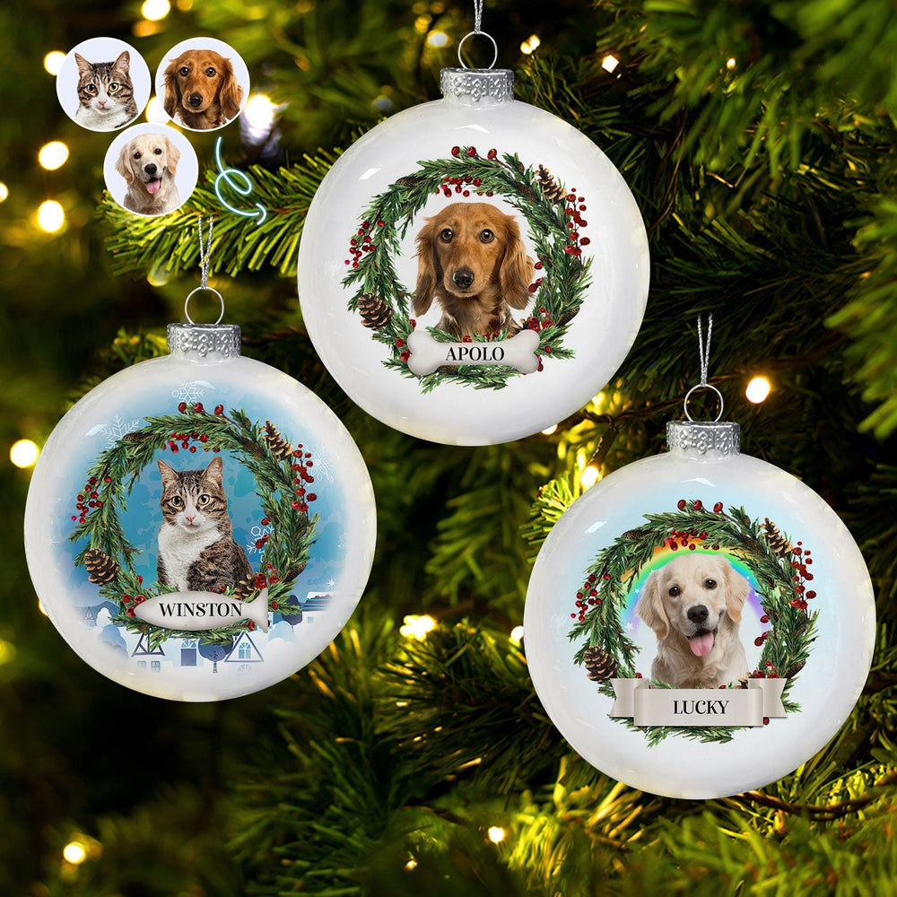 Custom Photo Cute Dogs Cats - Christmas Memorial Gift For Pet Lovers - Personalized White Flat Ball Ornament