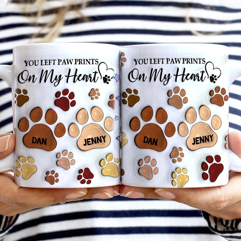 You Left Paw Prints On My Heart - Memorial Gift For Dog Lovers, Cat Lovers - 3D Inflated Effect Printed Mug, Personalized White Edge-to-Edge Mug