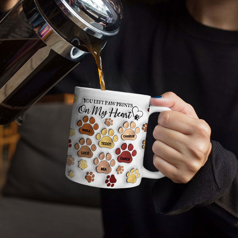 You Left Paw Prints On My Heart - Memorial Gift For Dog Lovers, Cat Lovers - 3D Inflated Effect Printed Mug, Personalized White Edge-to-Edge Mug