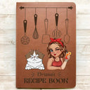Cartoon Woman With Her Recipe Book And Dog Cat - Personalized Leather Journal