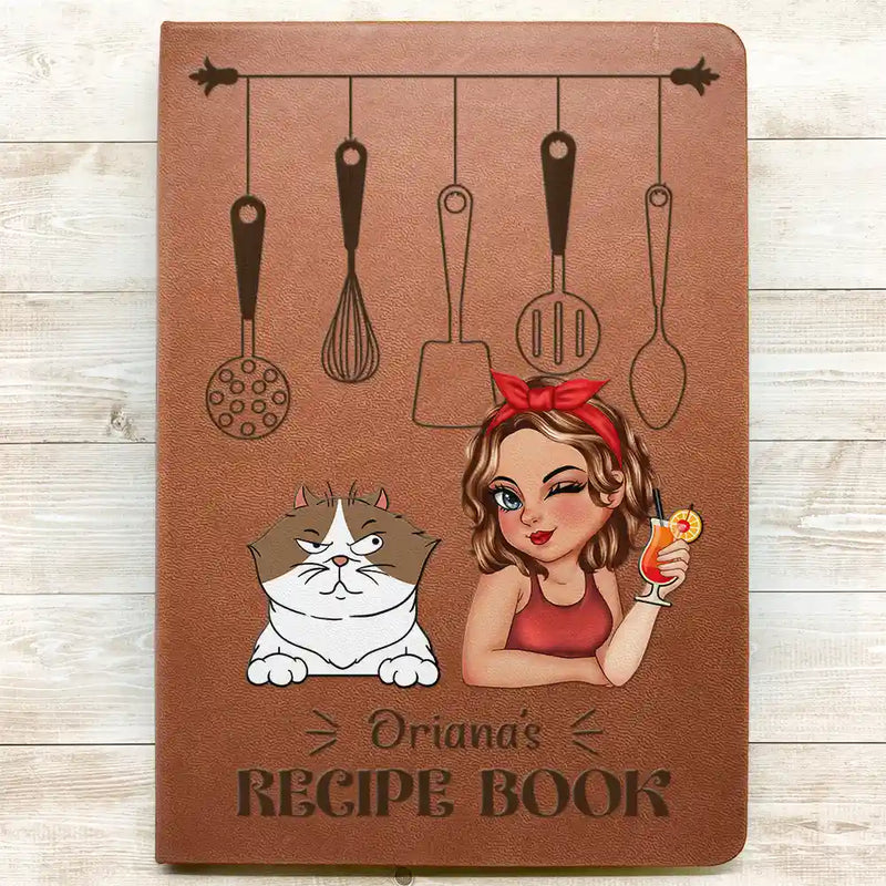 Cartoon Woman With Her Recipe Book And Dog Cat - Personalized Leather Journal