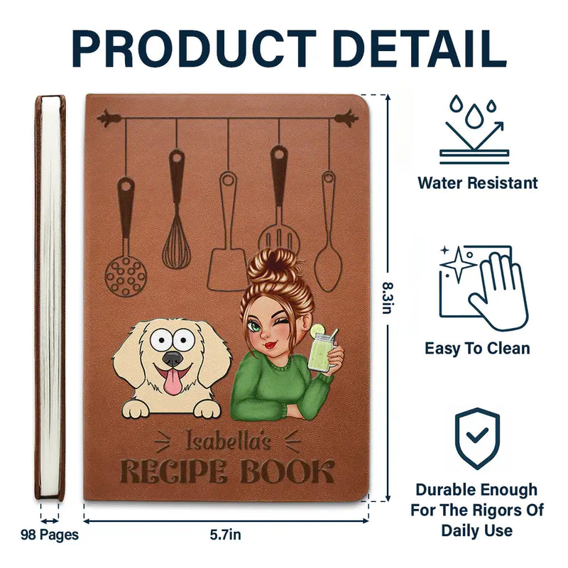 Cartoon Woman With Her Recipe Book And Dog Cat - Personalized Leather Journal
