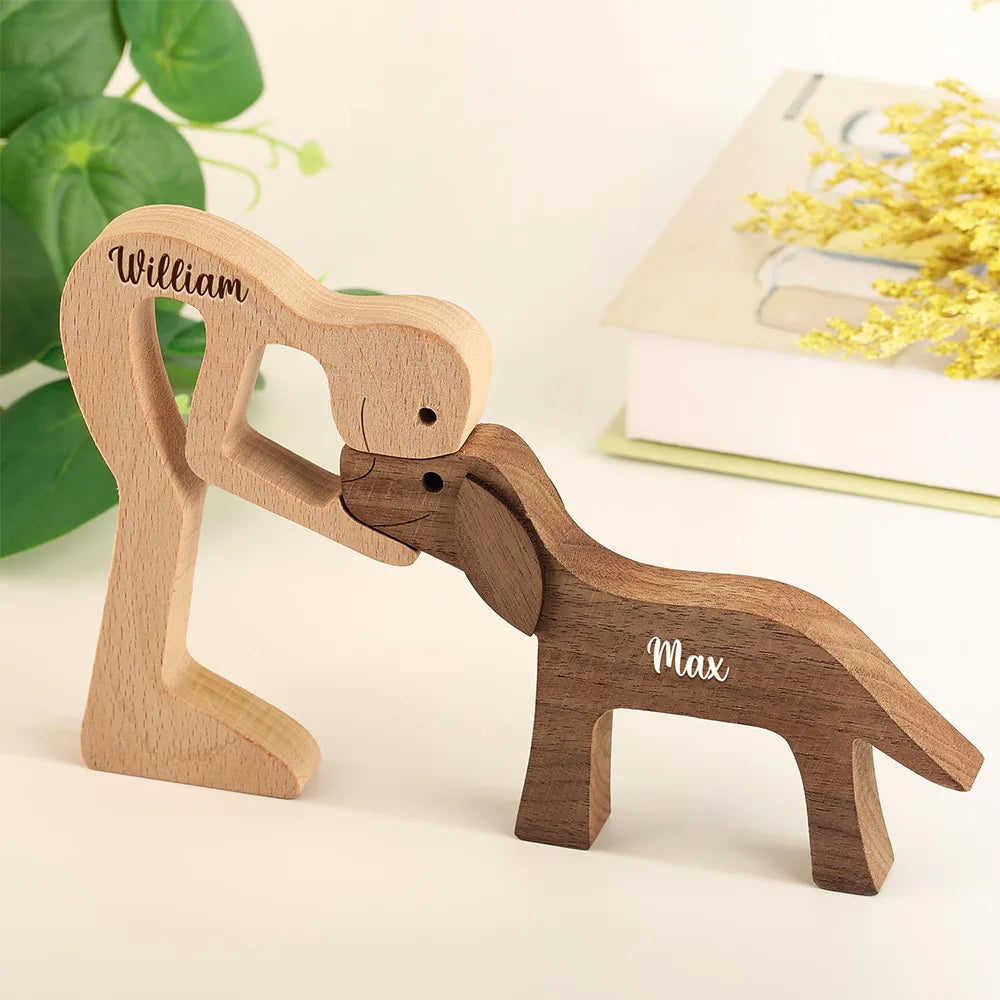 Custom Name Wooden Dog Cat Carvings Carved Wood Decor - Personalized Wood Sculpture Table Ornament