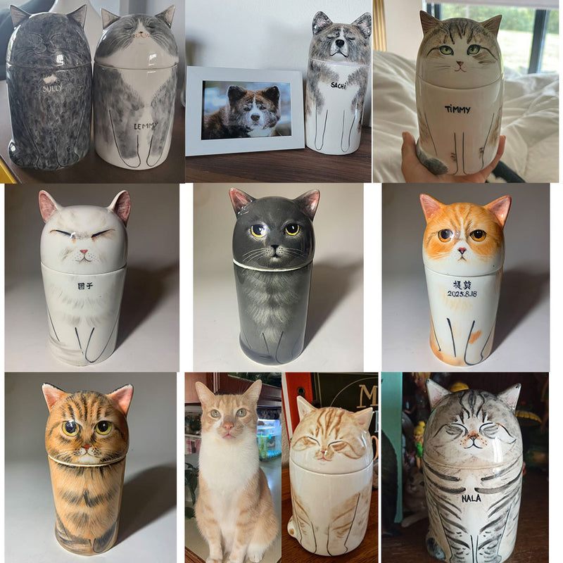Pet Memorial Urn With Cat Sculpture Lid - Personalized Ceramic Pet-Shaped Keepsake Jar