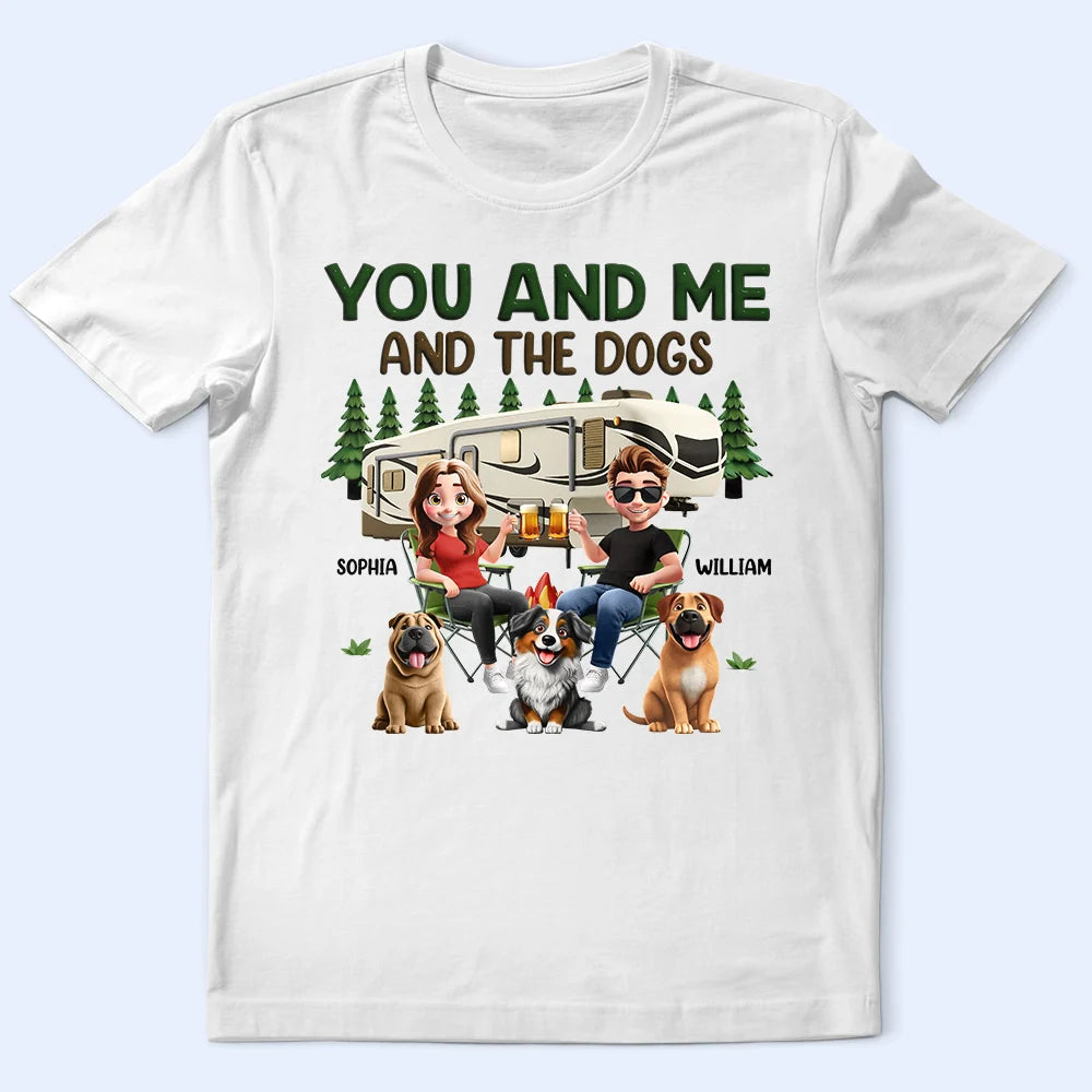 Cartoon You And Me And The Dogs Camping - Personalized T Shirt
