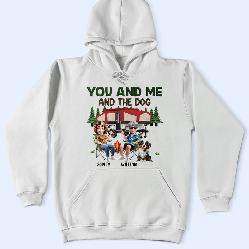Camping, Campsite, Couple's Hobby, Happy, Gift For Couples, Dog Couple, Dog Lovers - You And Me And The Dogs Camping Cartoon - Personalized T Shirt