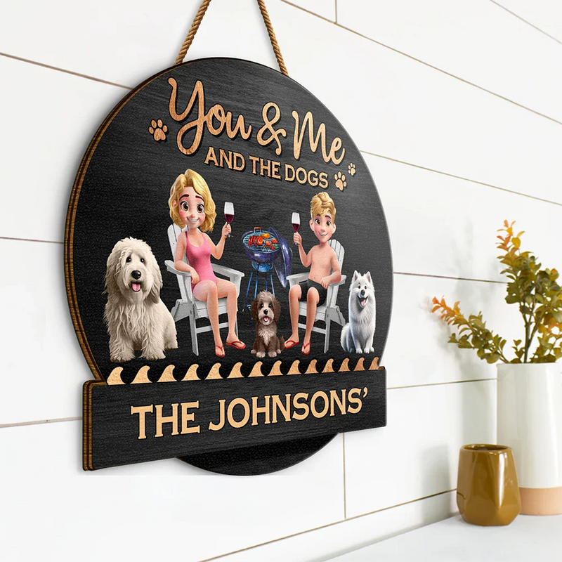 Dog Lovers, Dog Couple, Poolside, Gift For Couples, Happy - You & Me And The Dog 3D Effect - Personalized Custom Shaped Wood Sign
