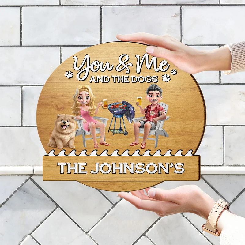 Dog Lovers, Dog Couple, Poolside, Gift For Couples, Happy - You & Me And The Dog 3D Effect - Personalized Custom Shaped Wood Sign