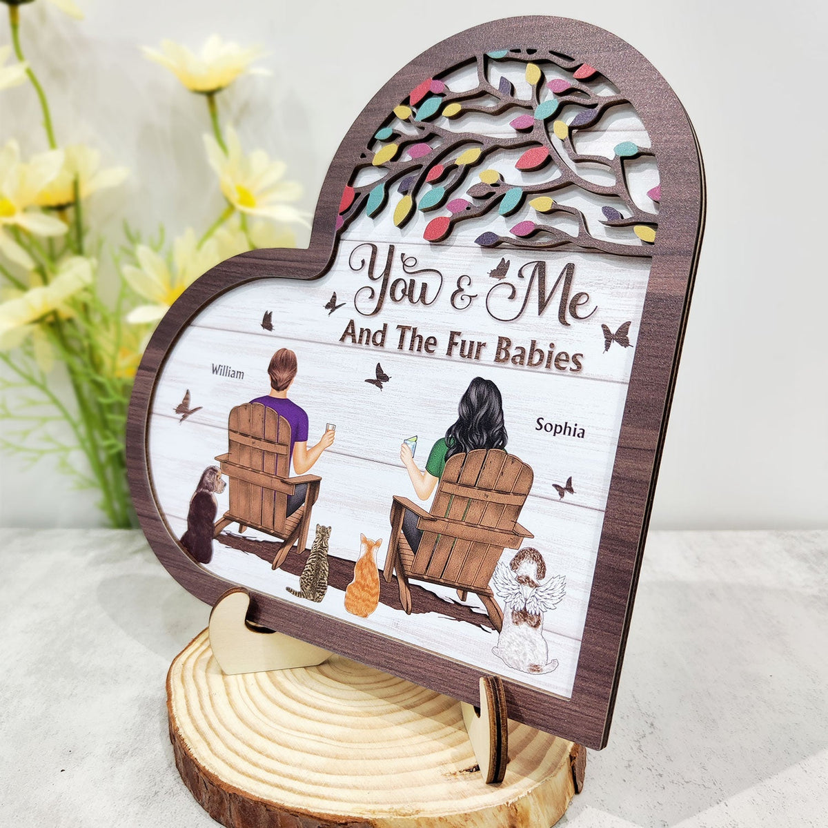 You And Me And The Fur Babies - Personalized 2-Layered Wooden Plaque With Stand