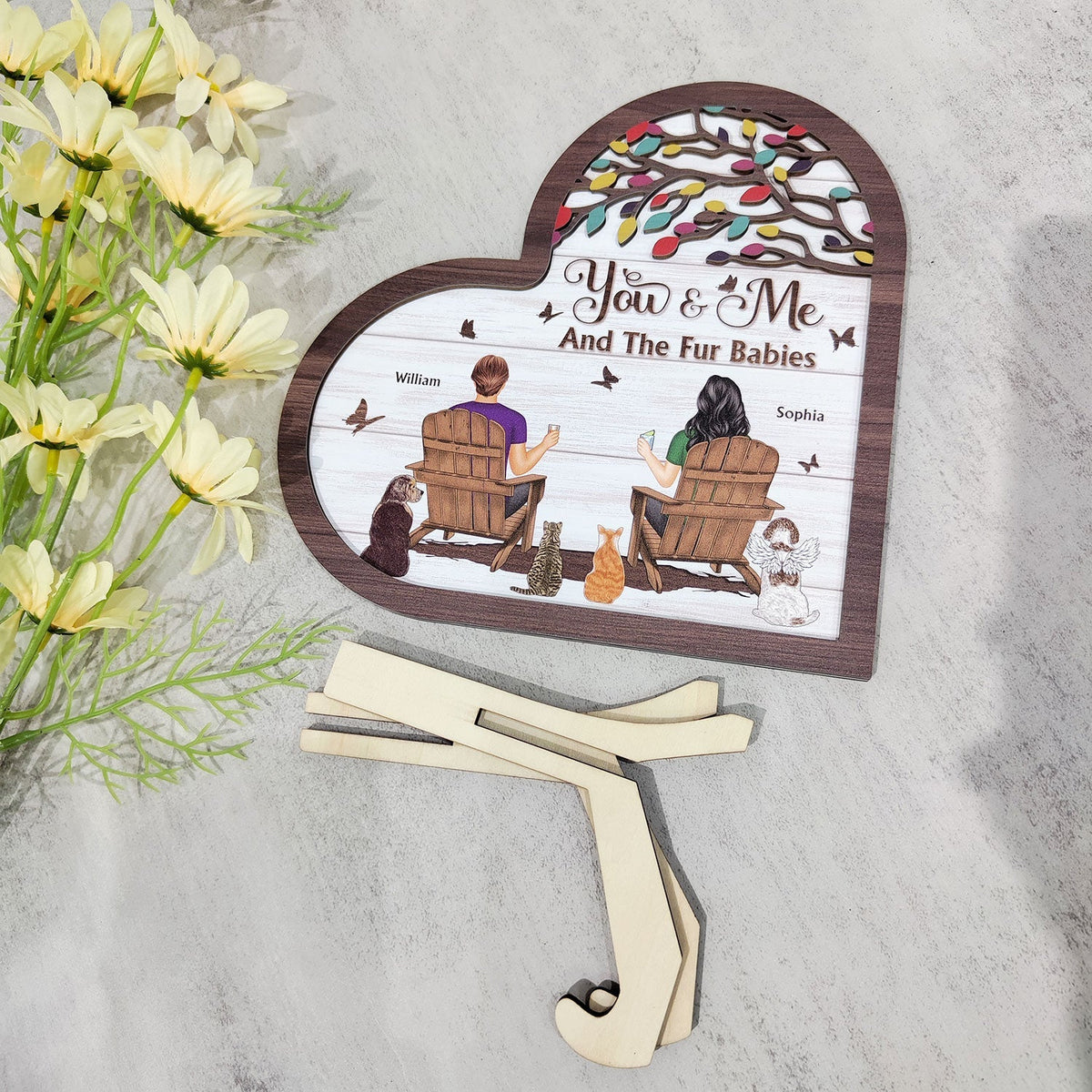 You And Me And The Fur Babies - Personalized 2-Layered Wooden Plaque With Stand