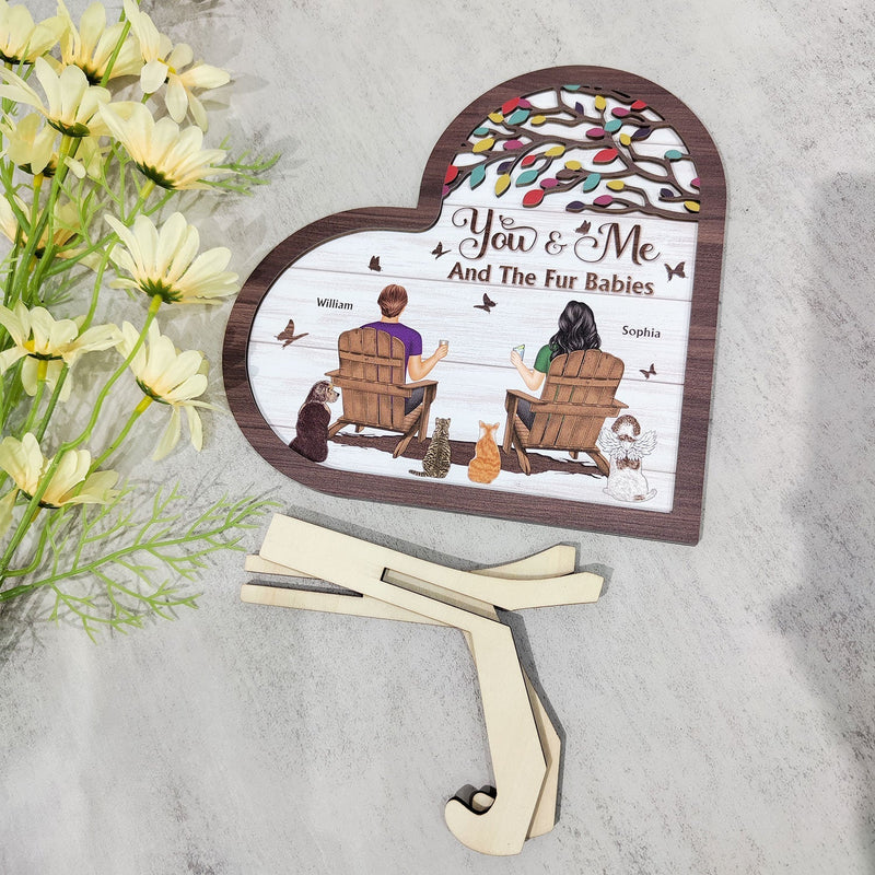 You And Me And The Fur Babies - Personalized 2-Layered Wooden Plaque With Stand